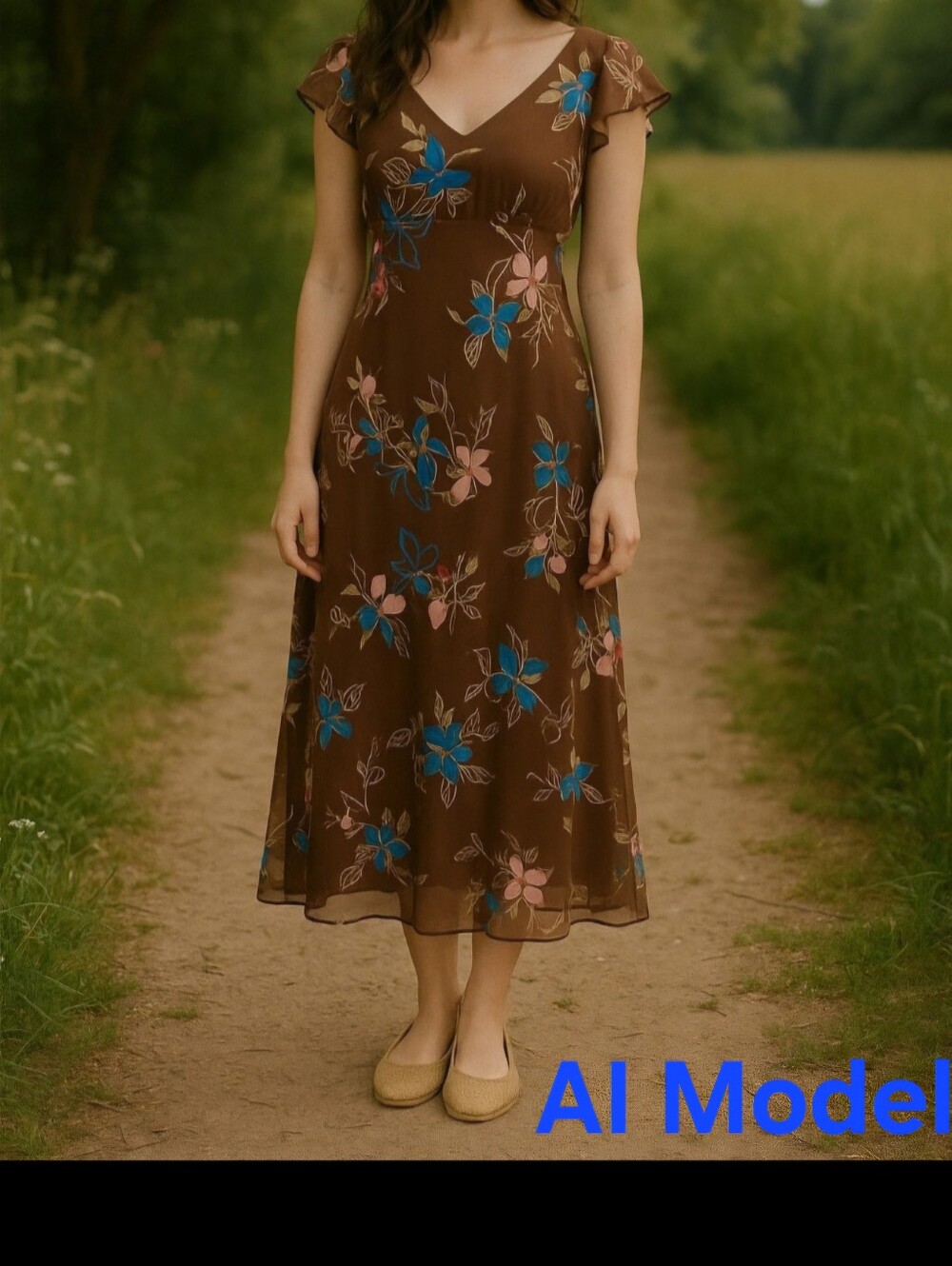 FLP Dress Size 10 Boho Cottagecore Prairie Farm Brown Floral V Neck Sheer Lined